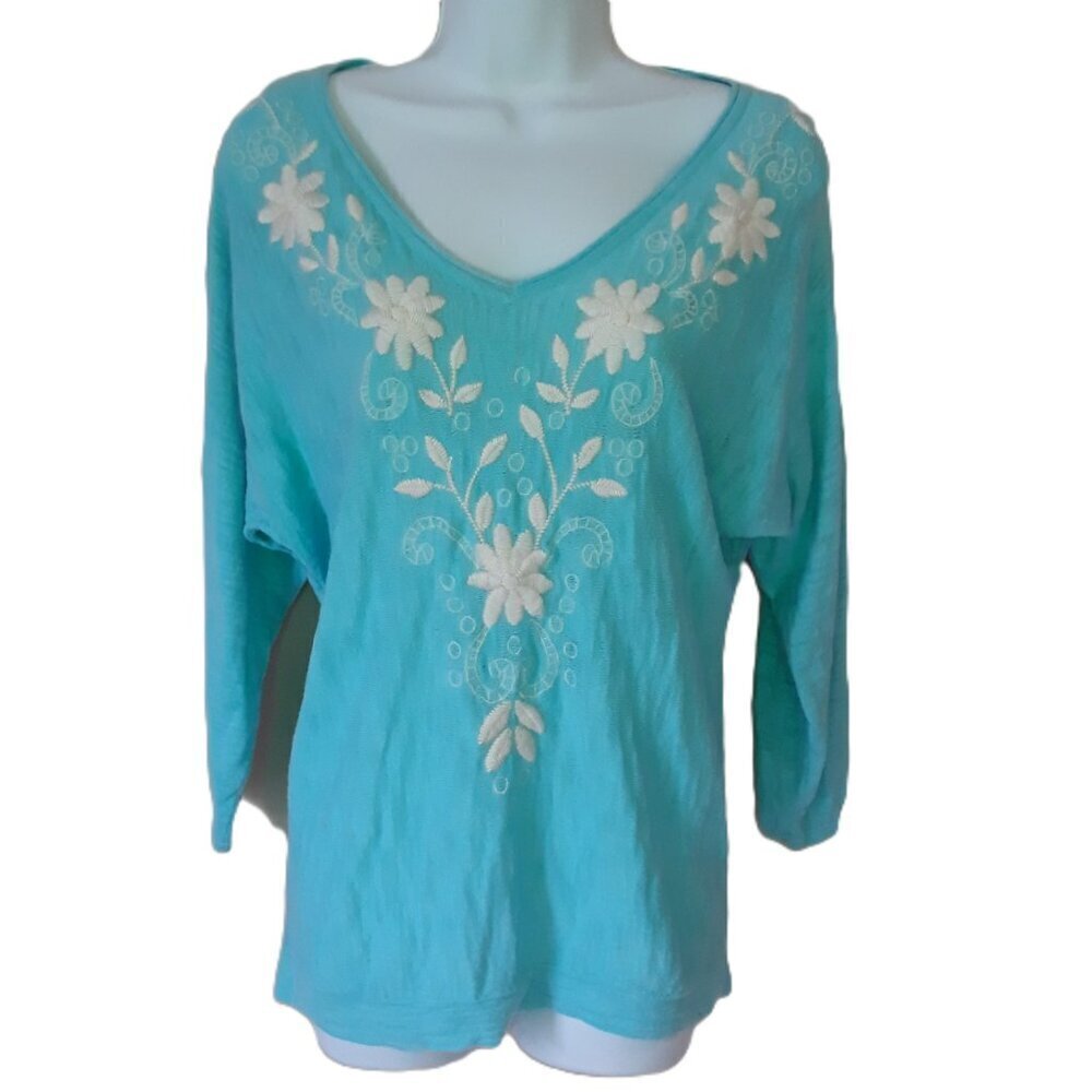 Garnet Hill Cotton 3D Floral Embroidered Dolman Sleeve Sweater S Cottagecore